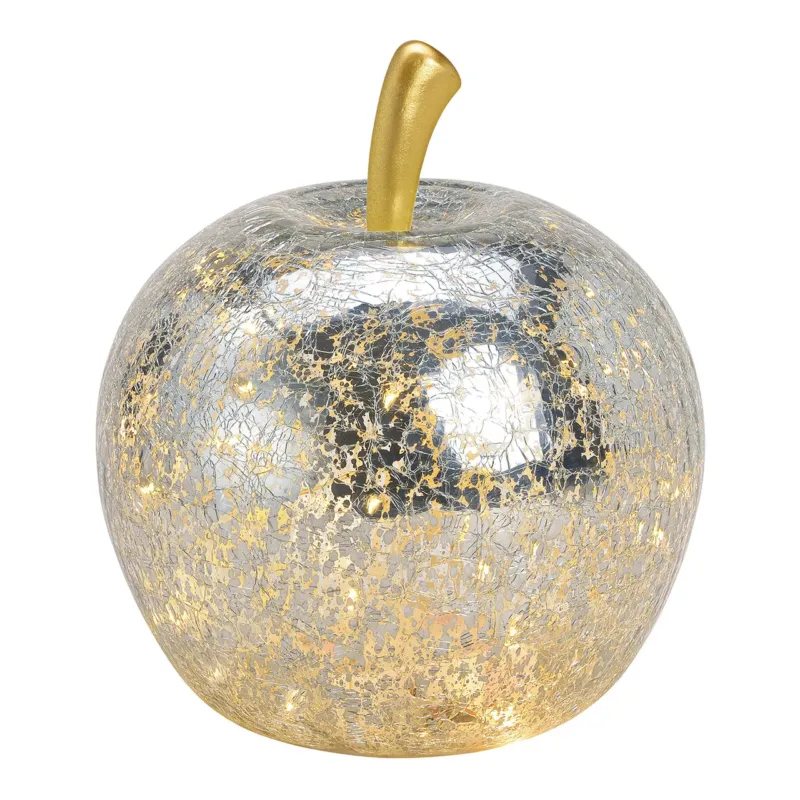 Dekoobjekt Apfel aus silberfarbenem Glas mit 30 warmweißen LEDs, integrierter Timerfunktion und eleganter Weihnachtsoptik | Wurm