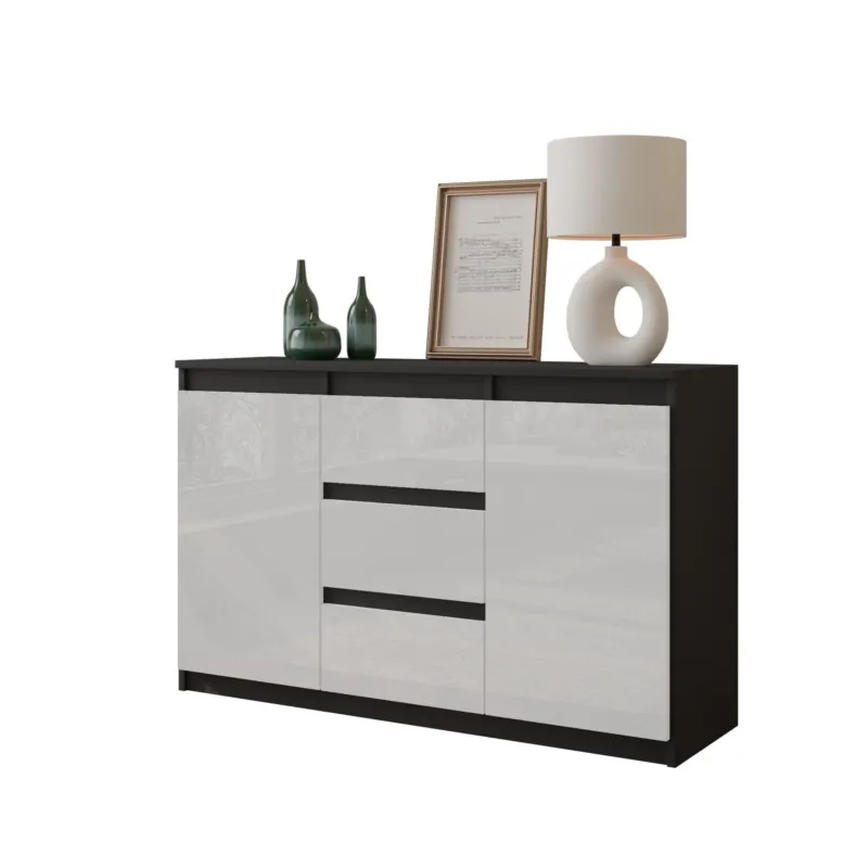 MIKEL - Kommode / Sideboard mit 3 Schubladen und 2 Türen - Anthrazit Grau / Weiß Gloss H75cm B120cm T35cm – Furnica