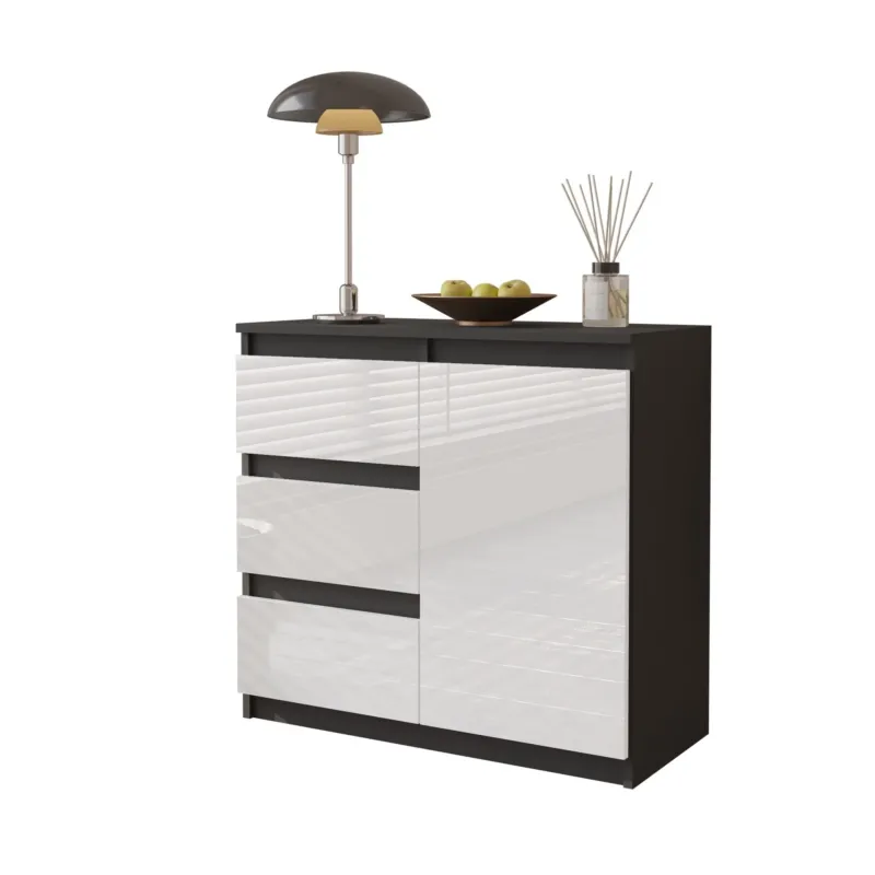 MIKEL - Kommode / Sideboard mit 3 Schubladen und 1 Tür - Anthrazit Grau / Weiß Gloss H75cm B80cm T35cm – Furnica