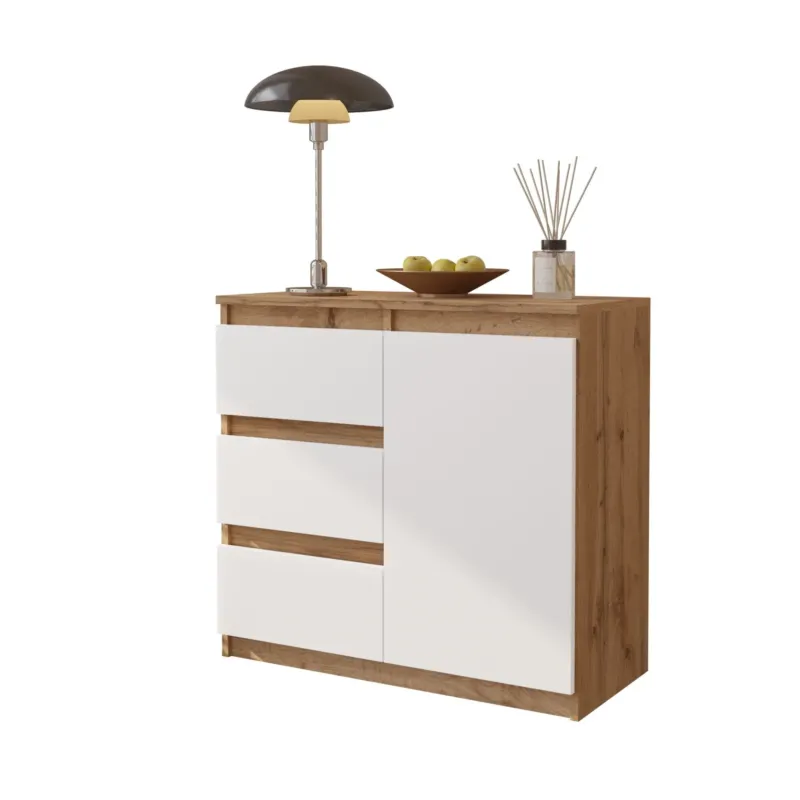 MIKEL - Kommode / Sideboard mit 3 Schubladen und 1 Tür - Wotan Eiche / Weiß Matt H75cm B80cm T35cm – Furnica