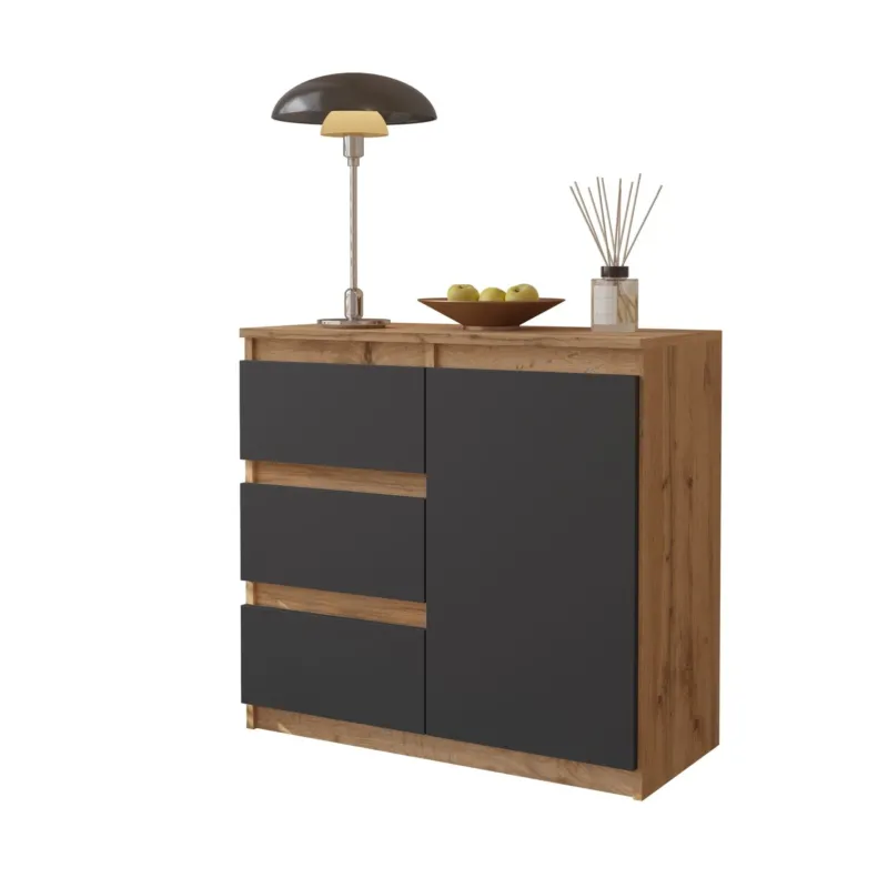 MIKEL - Kommode / Sideboard mit 3 Schubladen und 1 Tür - Wotan Eiche / Anthrazit Grau H75cm B80cm T35cm – Furnica