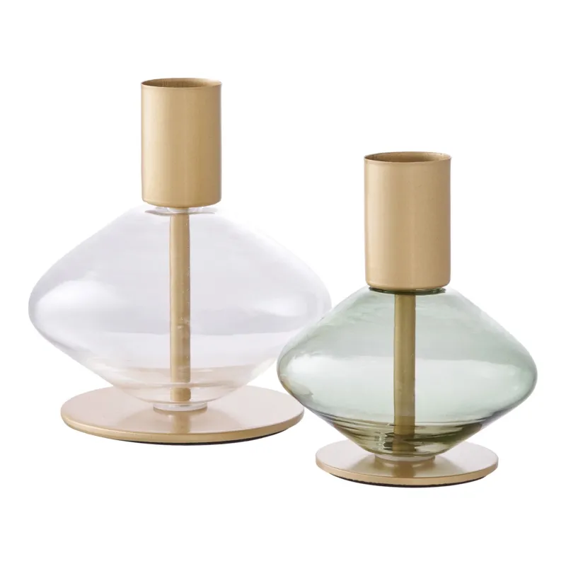 Kerzenständer – Glas und Metall, Gold und Grün, Set aus 2 | House Nordic