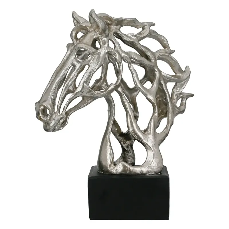 Skulptur – Silbernes Kunstharz, Metallische Optik, Pferdeform - Cheval | Gilde