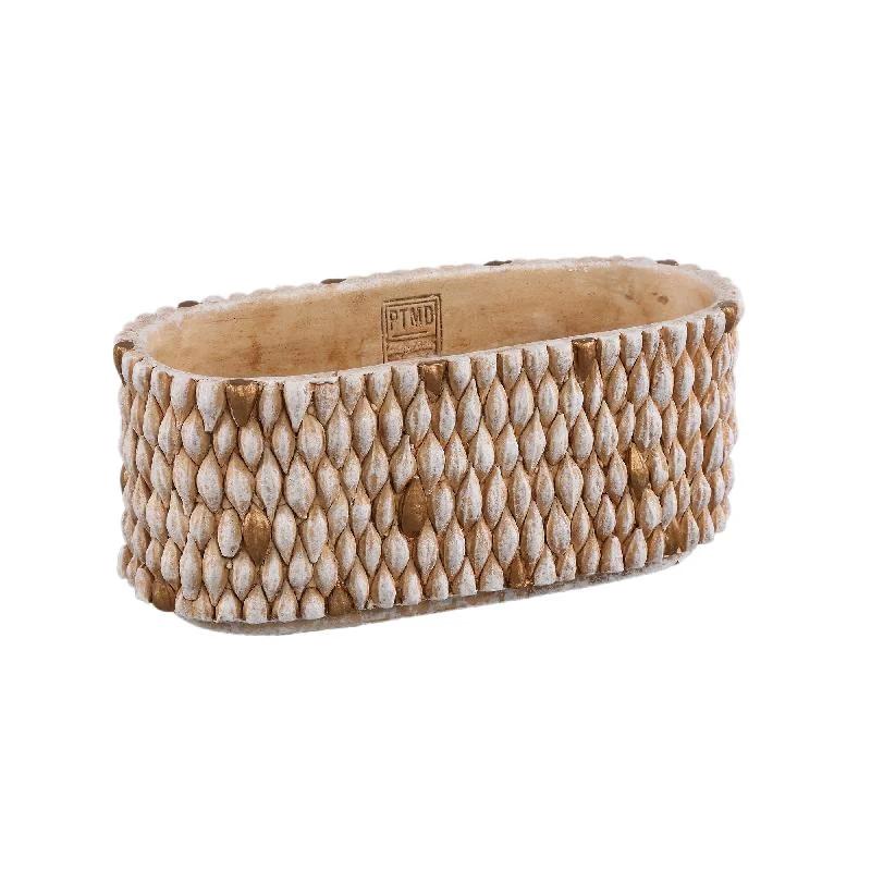Blumentopf - Ovaler Zement, Golddetails, Cremefarbe, L – Hilla | PTMD