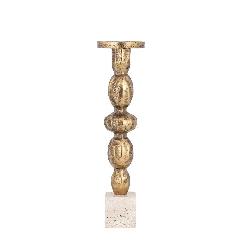 Kerzenständer – Goldfarbenes Aluminiumguss, Travertinsockel, Schlanke Form, L – Malines | PTMD