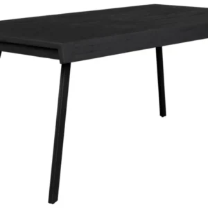 Design Esstisch SURI BLACK 160 x 78 cm mit schwarzer Recycled-Teak-Platte und schlankem Metallgestell in Gesamtansicht.