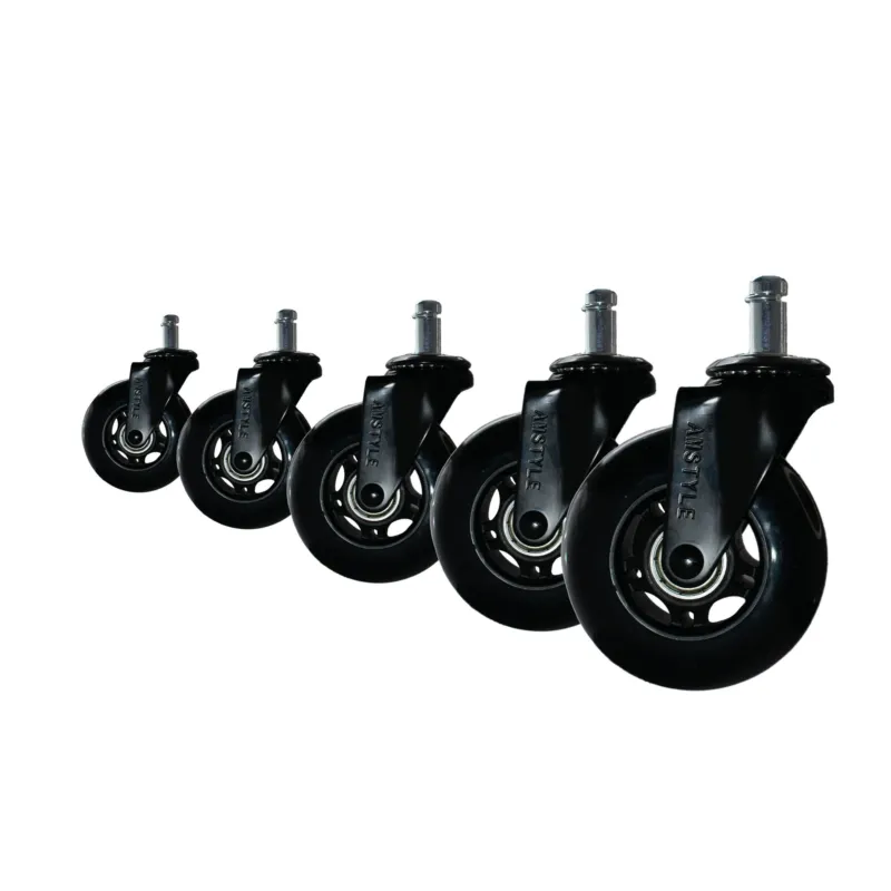 Bürostuhlrollen 5er Set 75mm Universal Schwerlastrollen Hartboden Schwarz, Gesamtansicht mit schwarzen Rädern.
