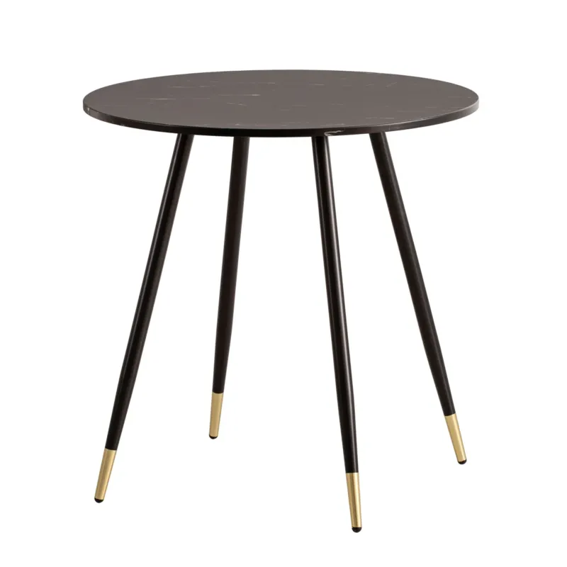 Runder Esszimmertisch 75x75x76cm Marmor-Optik Schwarz mit schwarzen Metallbeinen und Messingakzenten, Gesamtansicht.