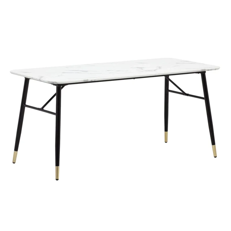 Esszimmertisch 160x80x76cm Marmor-Optik Weiß mit schwarzen Metallbeinen und Messingfüßen in Gesamtansicht.