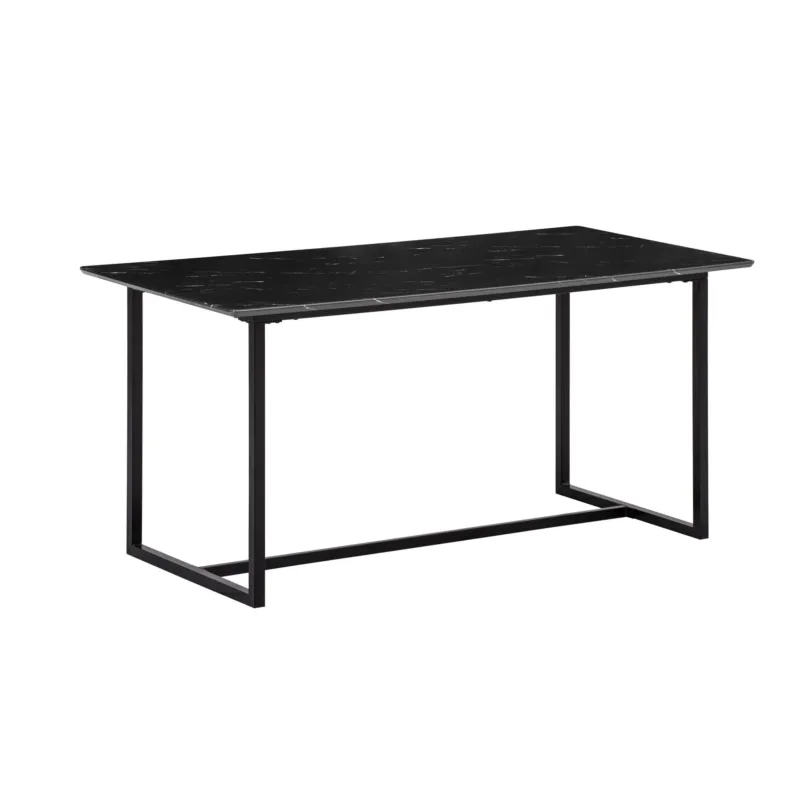 Esszimmertisch 160x80 Marmor-Optik Schwarz mit schwarzer Marmorplatte und mattschwarzen Stahlbeinen in Gesamtansicht.