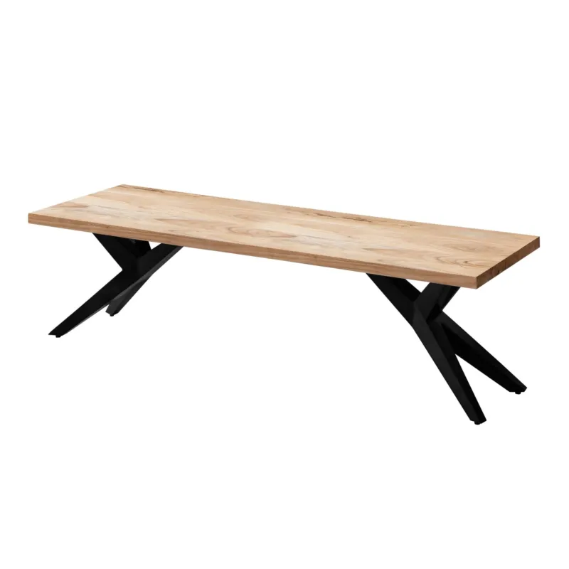 Esszimmerbank 160x45x45cm Akazie Massiv Metall Loft-Style mit Holzplatte und gekreuztem Metallgestell in Schwarz.