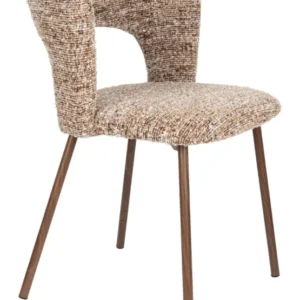 Esszimmerstuhl Chelsea mit beige-braunem Polsterbezug und dunklem Metallgestell in Gesamtansicht.