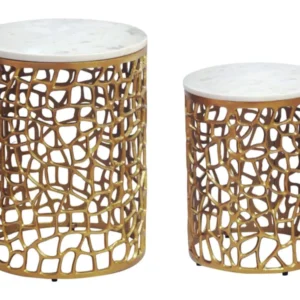 Satztisch 2er Set Gold mit Marmor-Tischplatte, Gesamtansicht mit zwei runden Beistelltischen in Gold mit Marmor-Tischplatten.