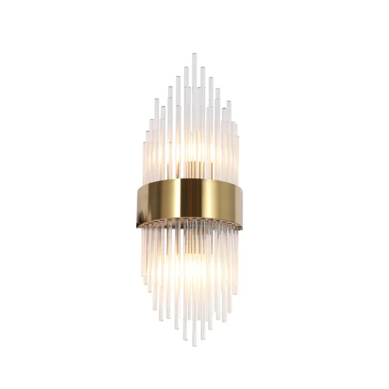 Wandlampe Penelope Gold in Gesamtansicht mit gestapelten Glaszylindren und goldenem Metallring.