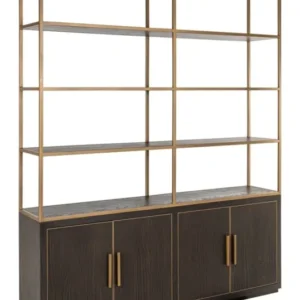 Vitrine Carter Large Eiche-braun mit offenem Regalbereich und geschlossener Unterschrankzone, Gesamtansicht.