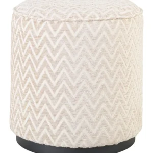 Hocker & Fußbank Lexie beige Chevron Ø45 cm in Gesamtansicht mit Zickzackmuster und schwarzem Metallfuß.
