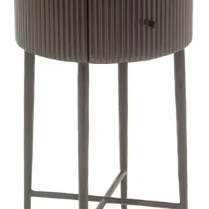 Beistelltisch Russo mit runder Travertinplatte und gerillter ash-brown Korpus auf Metallgestell, Gesamtansicht.