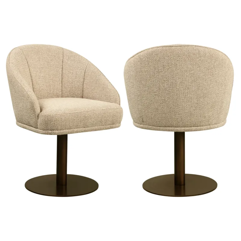 Esszimmerstuhl Beverly natural fancy, Vorder- und Rückansicht, mit beige Polyesterbezug und schwarzem Drehfuß aus Eisen.