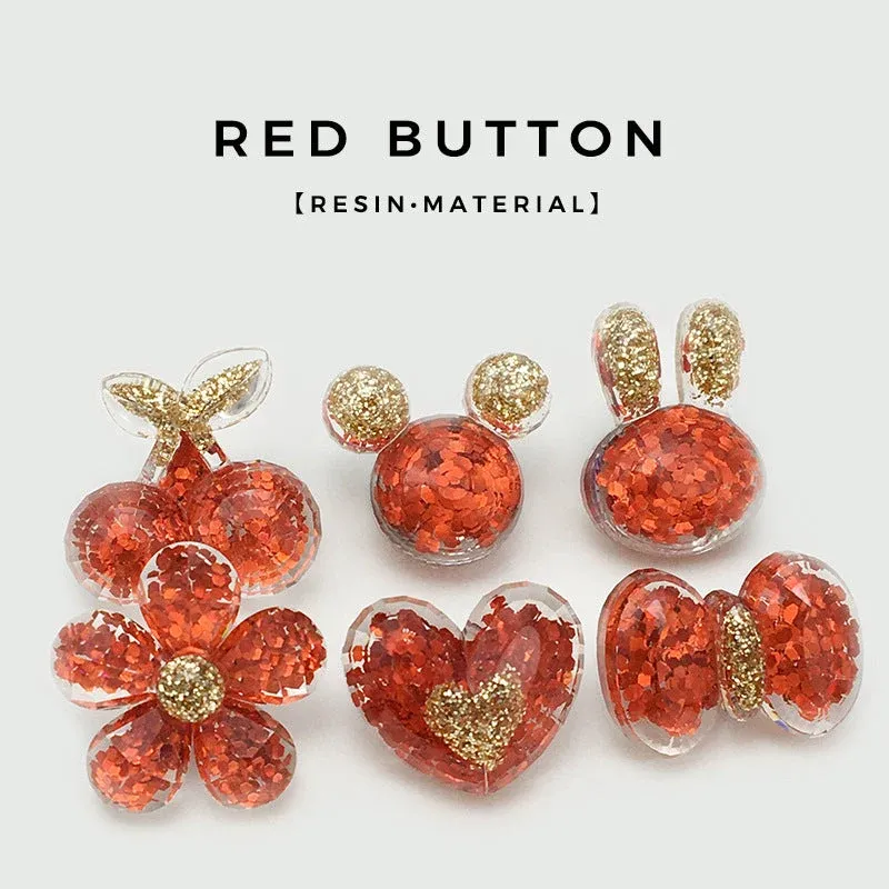 Red Cartoon Glitter Resin Heart Rabbit Flower Buttons 30 Pack(6 Styles)