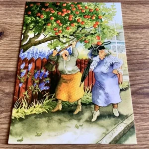Postkarte Löök Frauen schütteln Apfelbaum