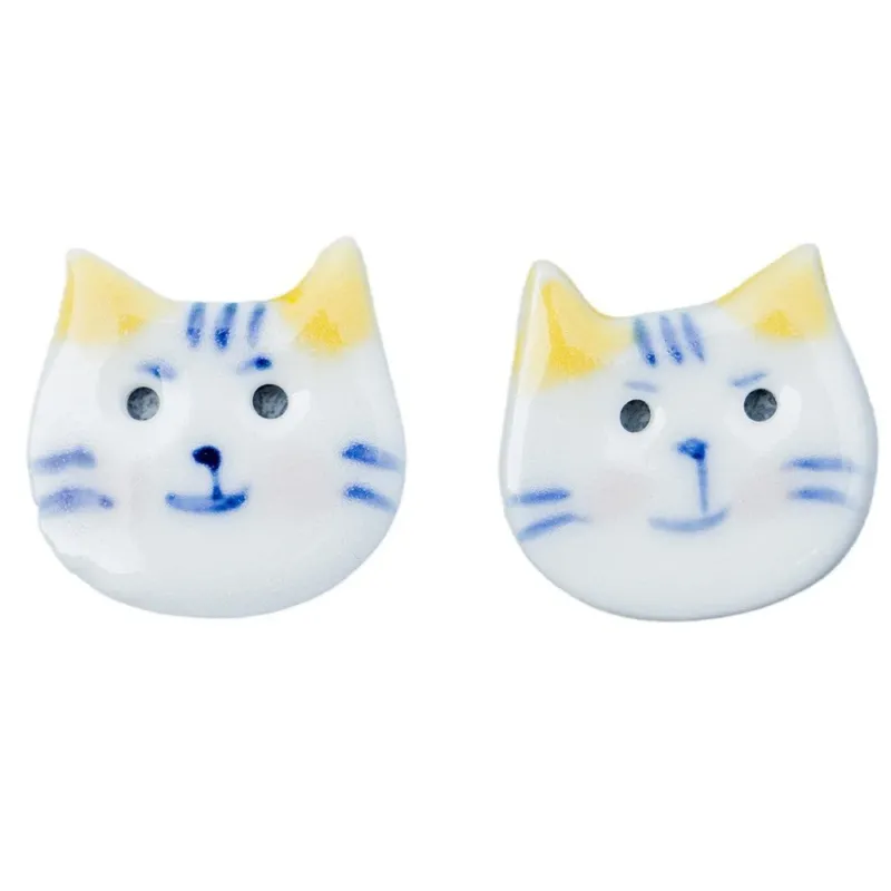 22mm Hand Painted Blue and White Pointy Eared Cat Ceramic DIY Decoration Button 10pcs Yellow Ear