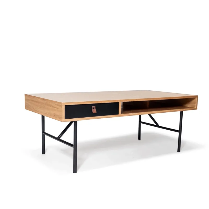 Couchtisch – Natürliches Eschenfurnier, Matt Schwarz Lackierte Front, Pulverbeschichtete Metallbeine mit Ledergriff – Kodiak | Njordec