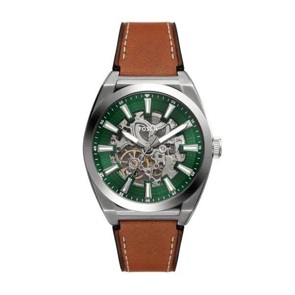 Fossil Everett Silber Grün 42mm Leder Automatik Herrenuhr - ME3261