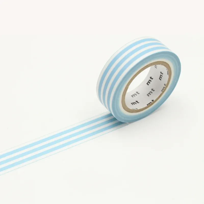 Unrolled masking tape with white and light blue stripes.