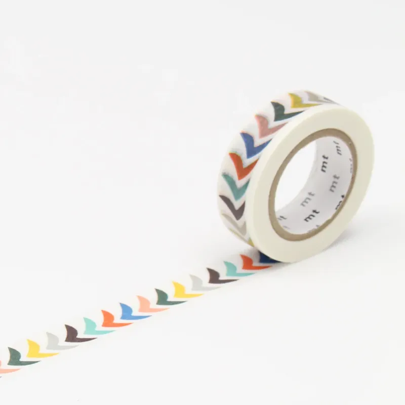 A roll of MT masking tape with a design of colorful bird silhouettes on a white background