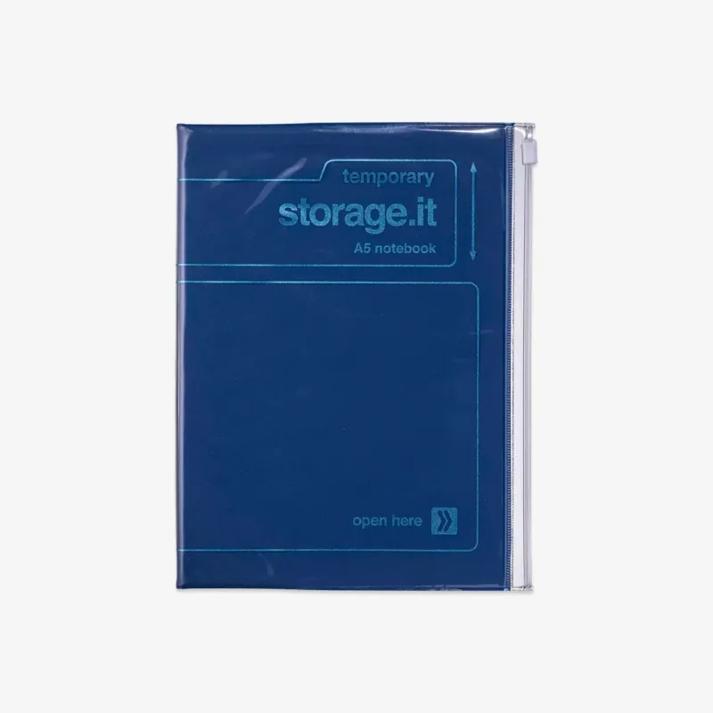 Blue A5 notebook in packaging with 'temporary storage.it' text on a white background