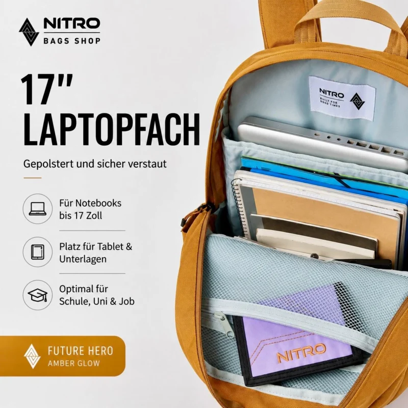 Offener Nitro Future Hero Rucksack in Amber Glow mit gepolstertem 17-Zoll-Laptopfach und praktischen Innenfächern.