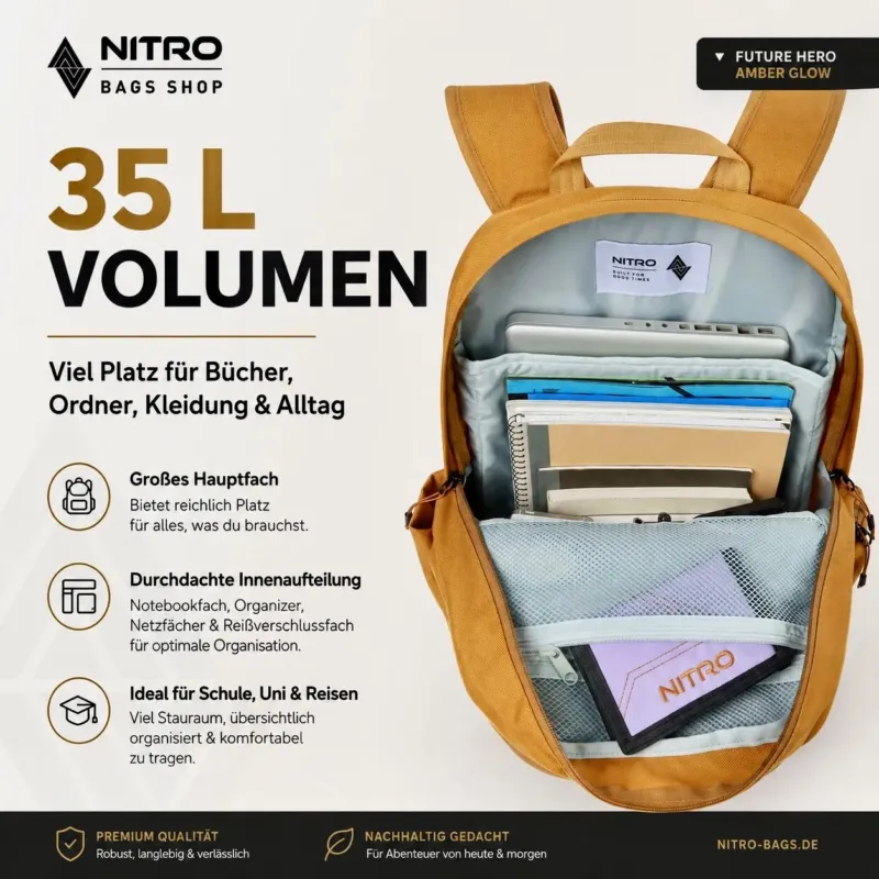 Nitro Future Hero Rucksack in Amber Glow mit 35 Litern Volumen, Laptopfach und übersichtlicher Innenaufteilung.