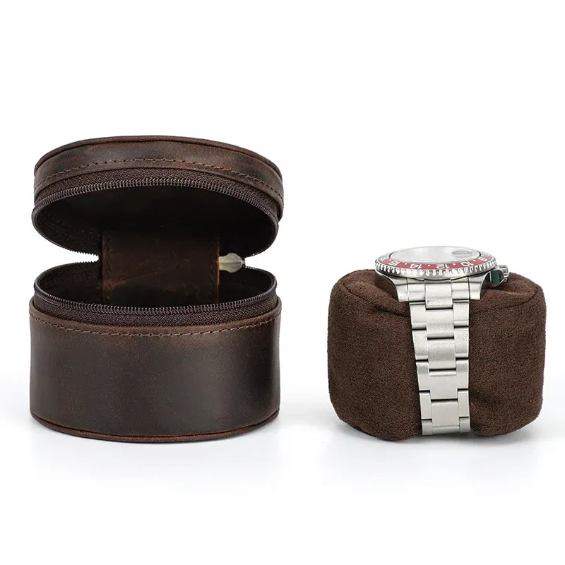 Single Watch Round Leather Box | Vintage Cowhide Zipper Travel Watch Case