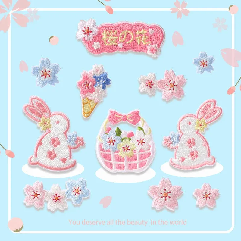 Self-Adhesive Pink Rabbit Sakura Embroidered Patches 10PCS