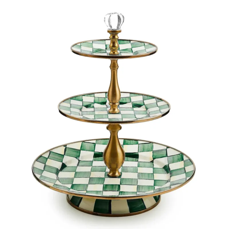 Emerald Check Three Tier Sweet Stand by MacKenzie - Childs - |VESIMI Design|
