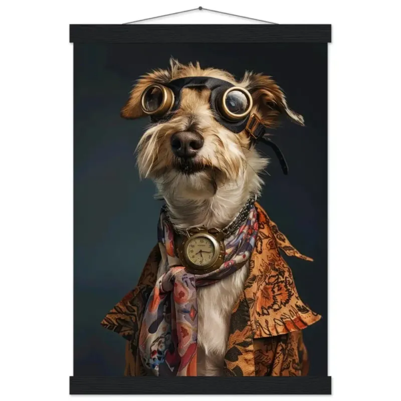 Schulposter – Norfolk Terrier, Steampunk-Outfit, gemusterter Mantel, antike Taschenuhr | St Tropez Art