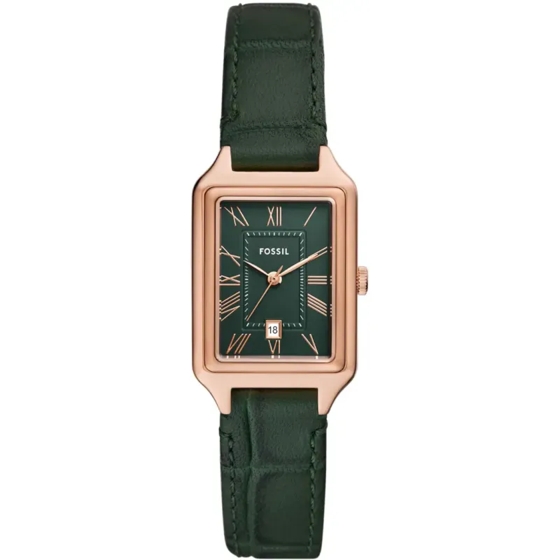 Fossil Raquel Quarz 23 MM Damenuhr in Rosegold/Grün aus Pro-Planet Leder mit Datum - ES5366