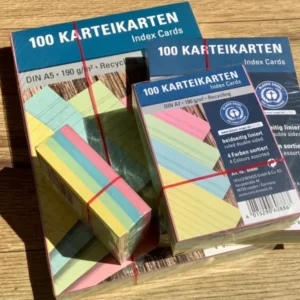 linierte Karteikarten in 4 Größen und 4 Farben sortiert aus Recyclingpapier
